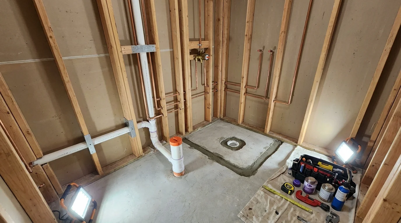 Bathroom rough-in plumbing during remodel by Johns Plumbing LLC in East Dubuque
