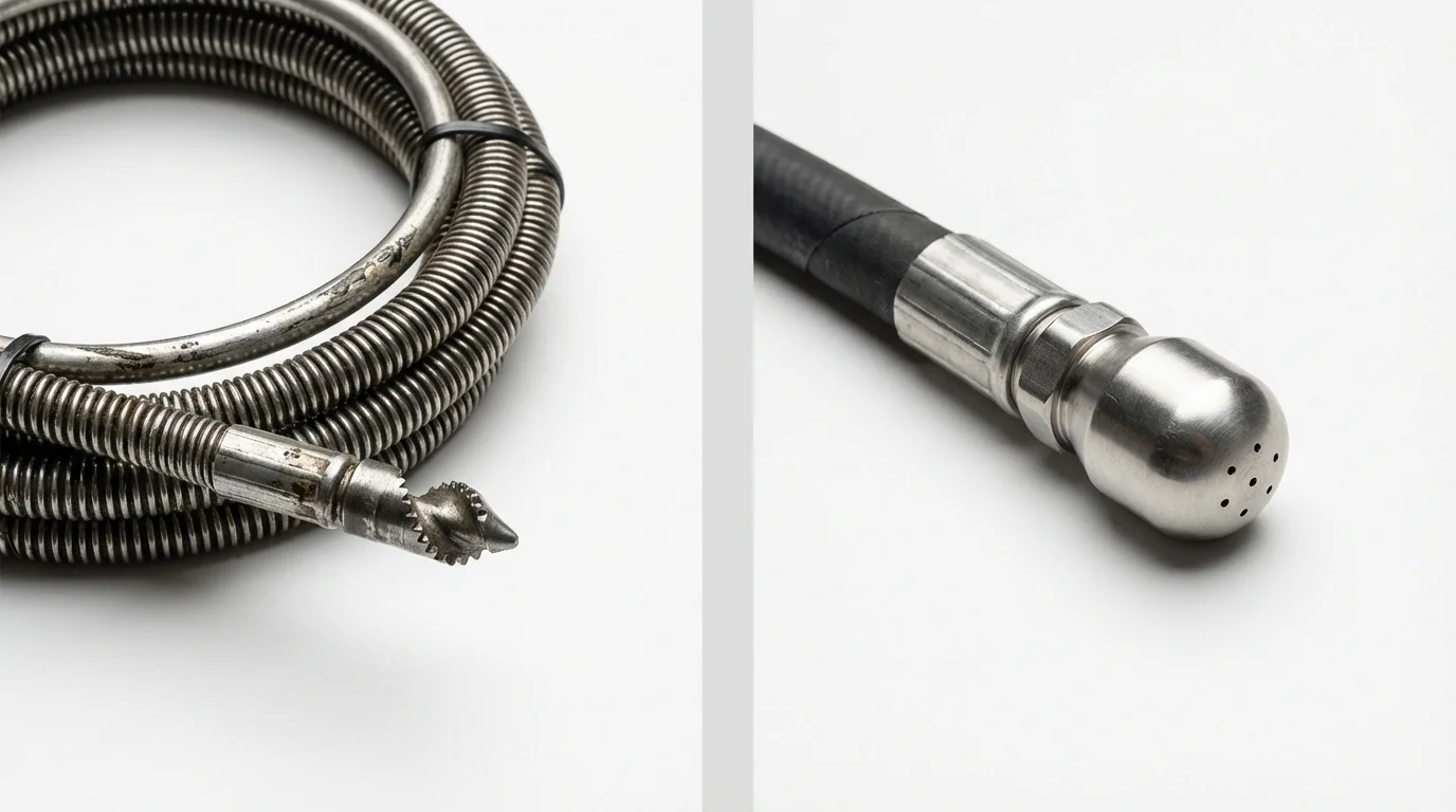 Drain snake cable and hydro jetting nozzle used for drain cleaning in East Dubuque, IL