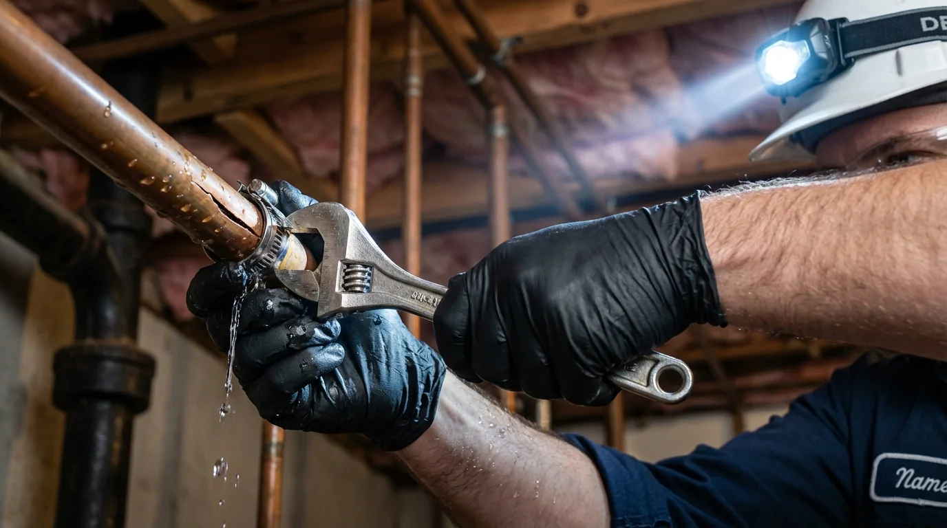 Emergency pipe clamp repair being performed by a Johns Plumbing LLC plumber in East Dubuque