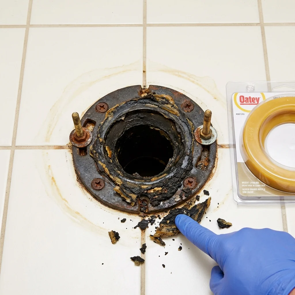 Failed wax ring showing water seepage at the base of a toilet in a East Dubuque, IL home