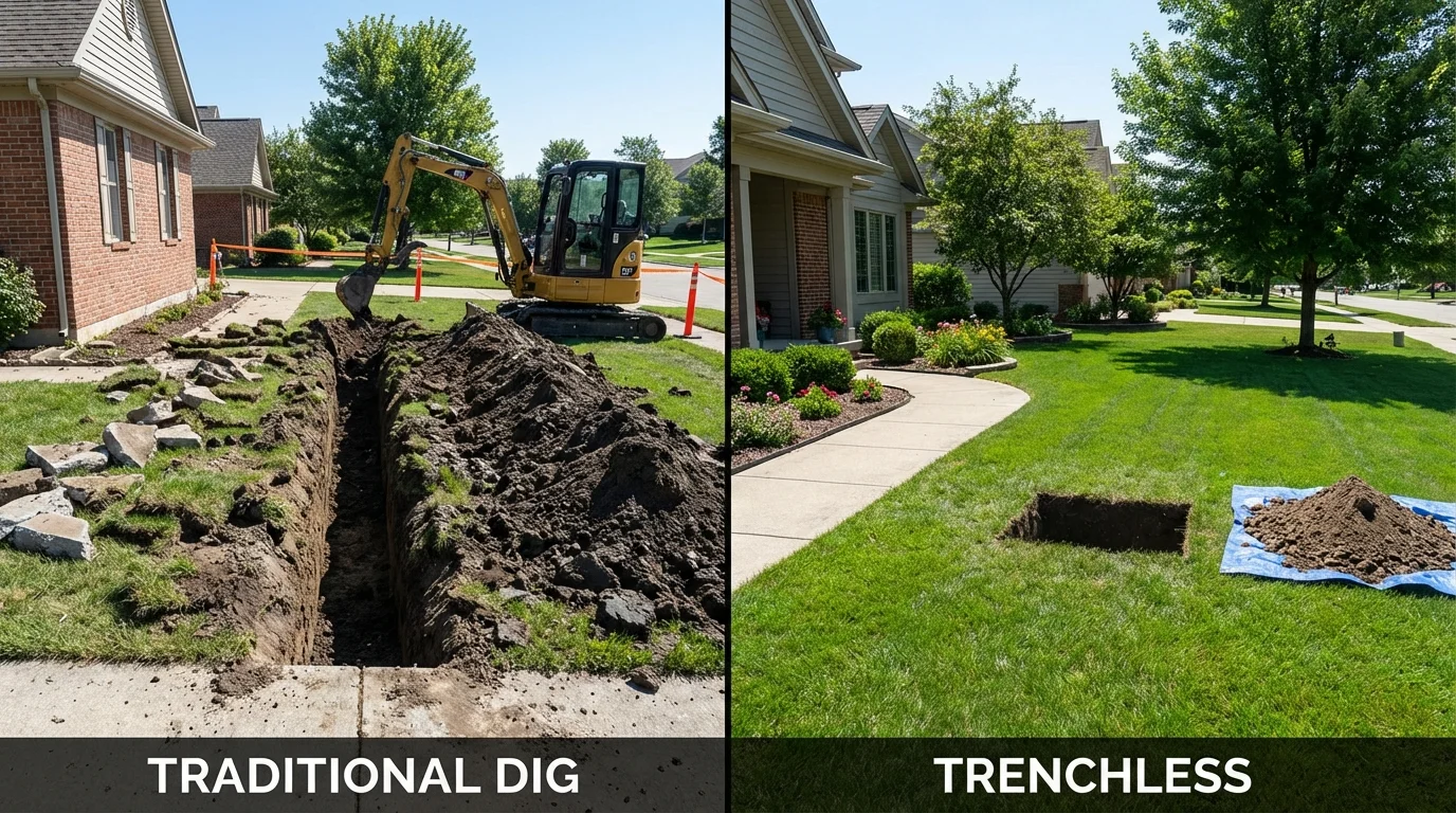 Trenchless sewer repair with minimal yard damage versus traditional excavation in East Dubuque, IL