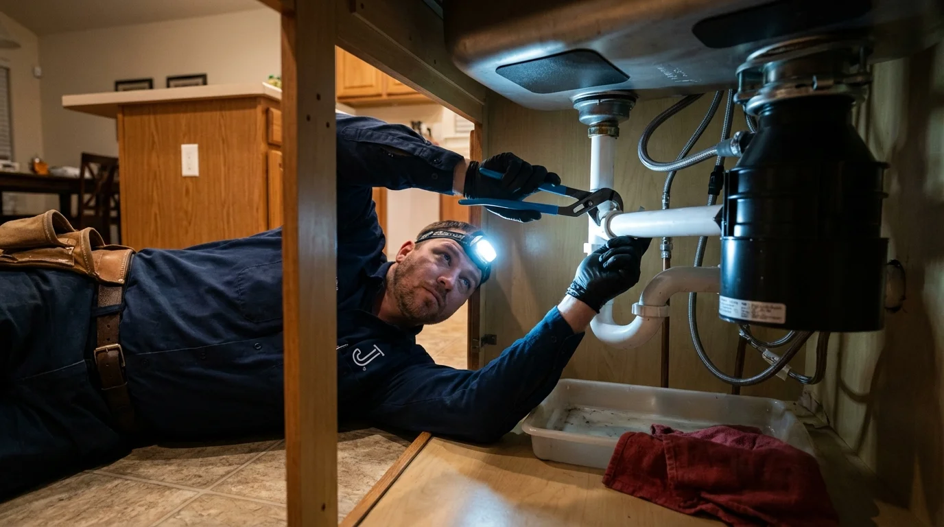 P-trap and supply line connections under a kitchen sink showing a common leak point in East Dubuque, IL